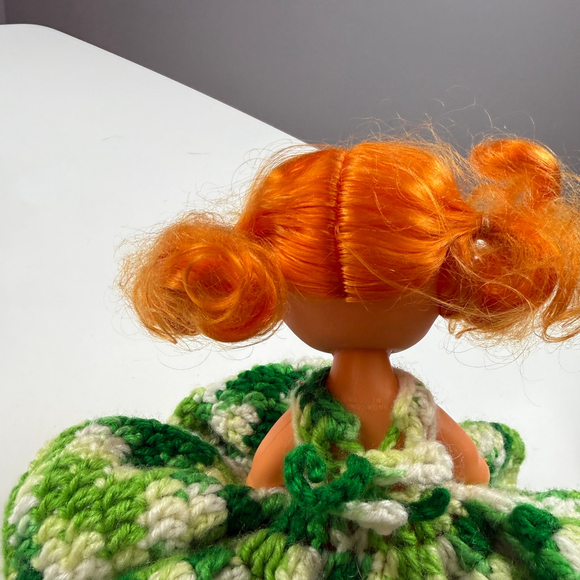 Vintage 70's - 80's Doll with Orange Hair and Green & White Crocheted Dress - Picture 7 of 9